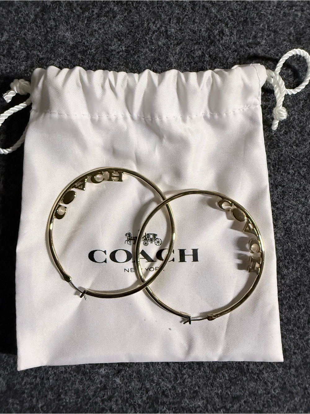 COACH Gold Tone Large Logo Hoop Earrings with Pouch